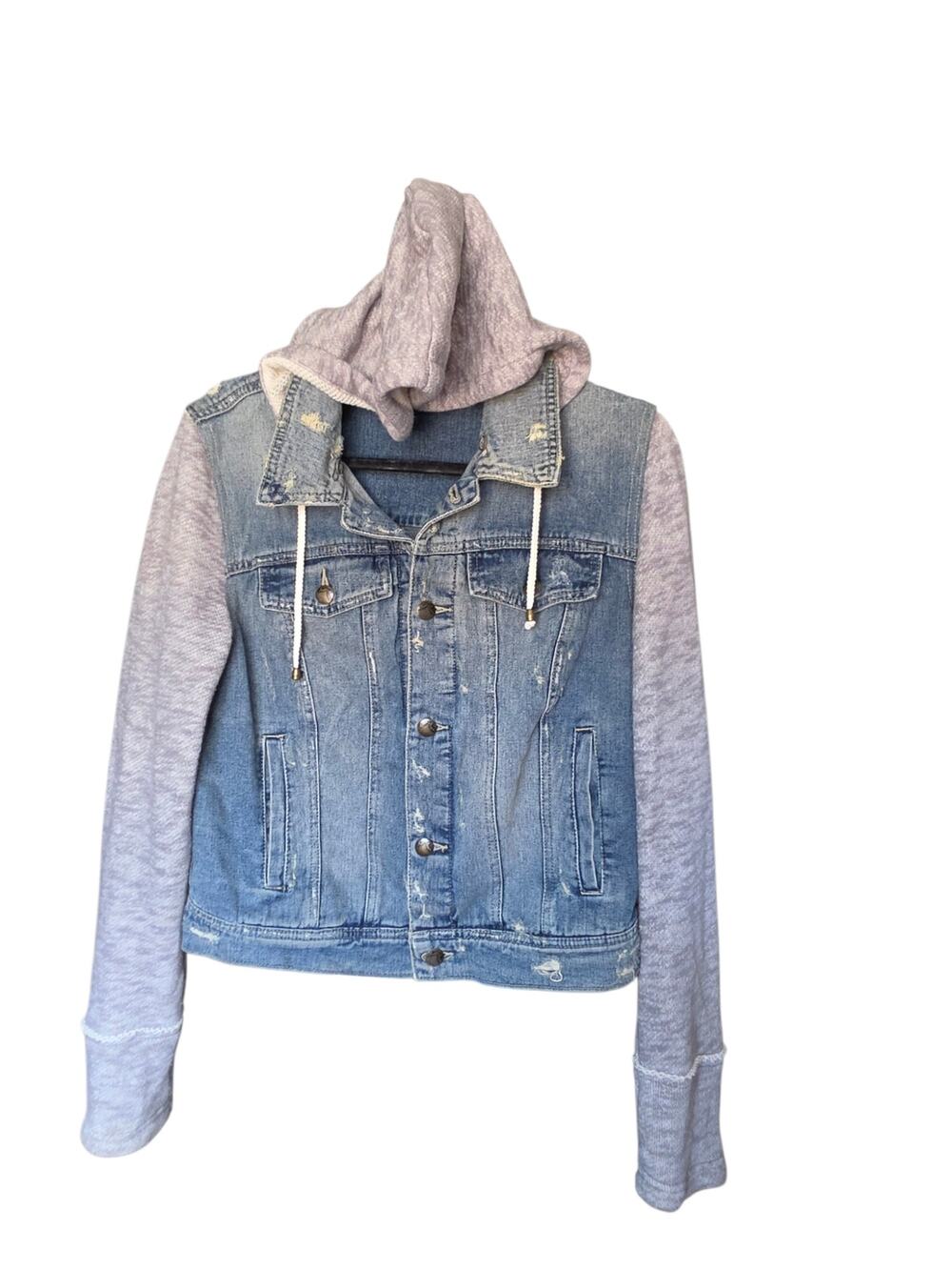 Free People We The Free Hooded Denim Jacket Knit Sleeves Distressed Blue M